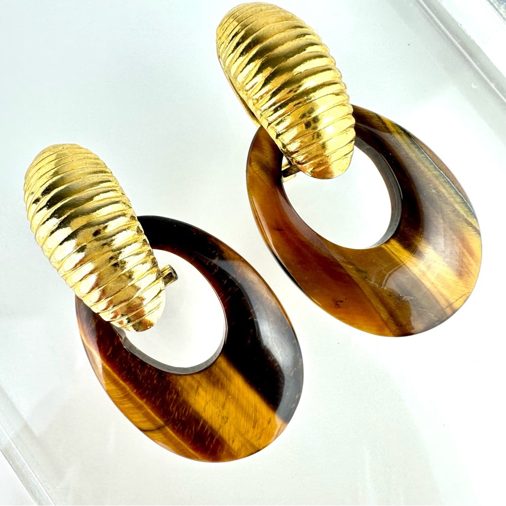 Vintage Tigers Eye Gemstone Gold Plated Door Knocker Earrings